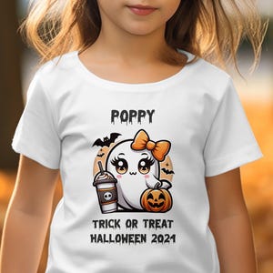 Maglietta personalizzata di Halloween per ragazze, simpatico fantasma con zucca, dolcetto o scherzetto Halloween 2024, maglietta spettrale di Halloween per ragazze