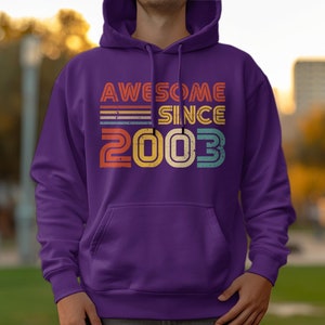 21e verjaardagscadeau vintage 2003 geweldig sinds verjaardag hoodie, retro stijl comfortabel unisex sweatshirt, uniek cadeau voor geboortejaar Purple