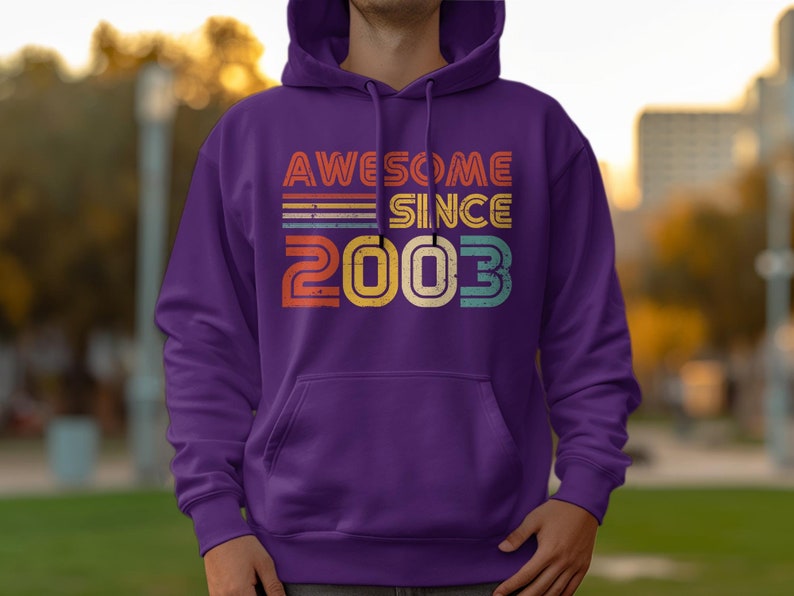 21e verjaardagscadeau vintage 2003 geweldig sinds verjaardag hoodie, retro stijl comfortabel unisex sweatshirt, uniek cadeau voor geboortejaar Purple