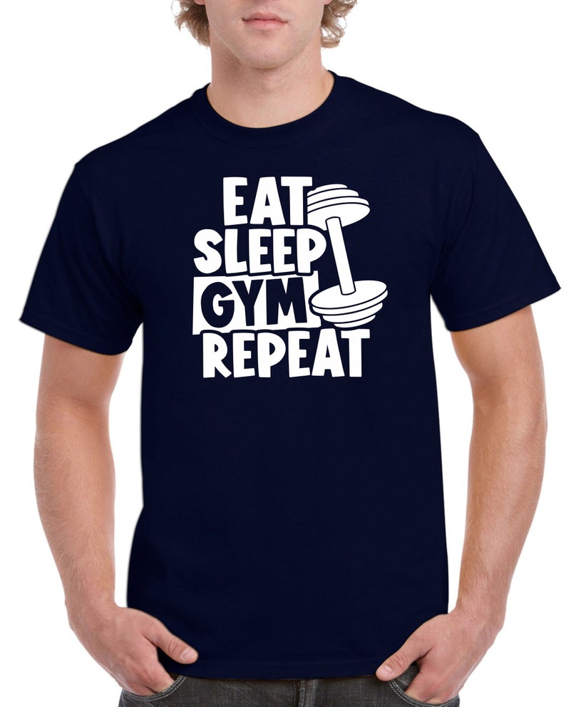 May include: A navy blue t-shirt with white text that reads "Eat Sleep Gym Repeat" and a white dumbbell graphic.