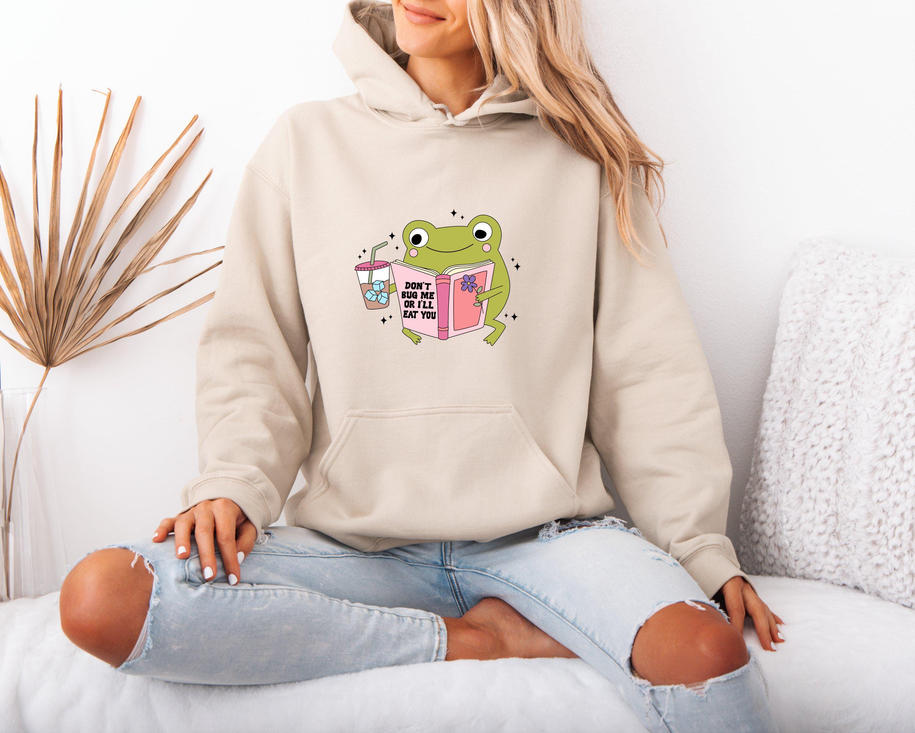 Women's Cute Frog Hoodie Cottagecore Sweatshirt - Kawaii Aesthetic Top For Teens & Girls, White