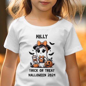 Girls Personalized Halloween T-Shirt, Trick or Treat Halloween 2024 Shirt, Custom Name Ghost Halloween Girls Tee