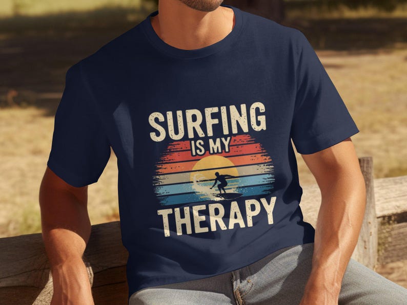 Mens Funny Surfing T-Shirt, Surfing Is My Therapy Shirt, Surfer Graphic Tee, Beach Therapy T-Shirt, Surf Lover Gift, Retro Surf Tee image 4