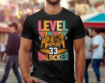 33.º cumpleaños Nivel de regalo desbloqueado Gamer Edad 33 años Diseño de cumpleaños Camiseta, sudadera con capucha, sudadera - Ropa retro colorida para juegos
