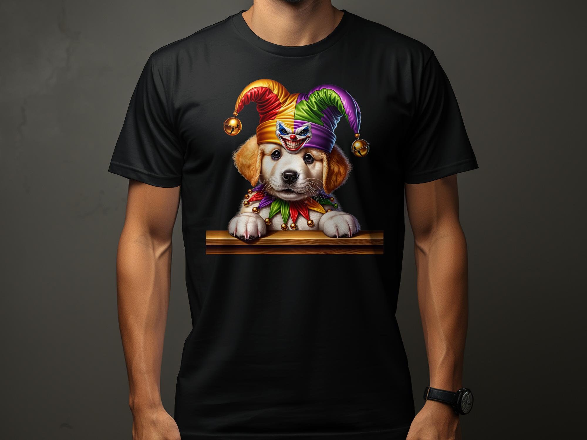 Cute Golden Retriever Puppy in Jester Hat T-shirt, Colorful Dog Lover ...