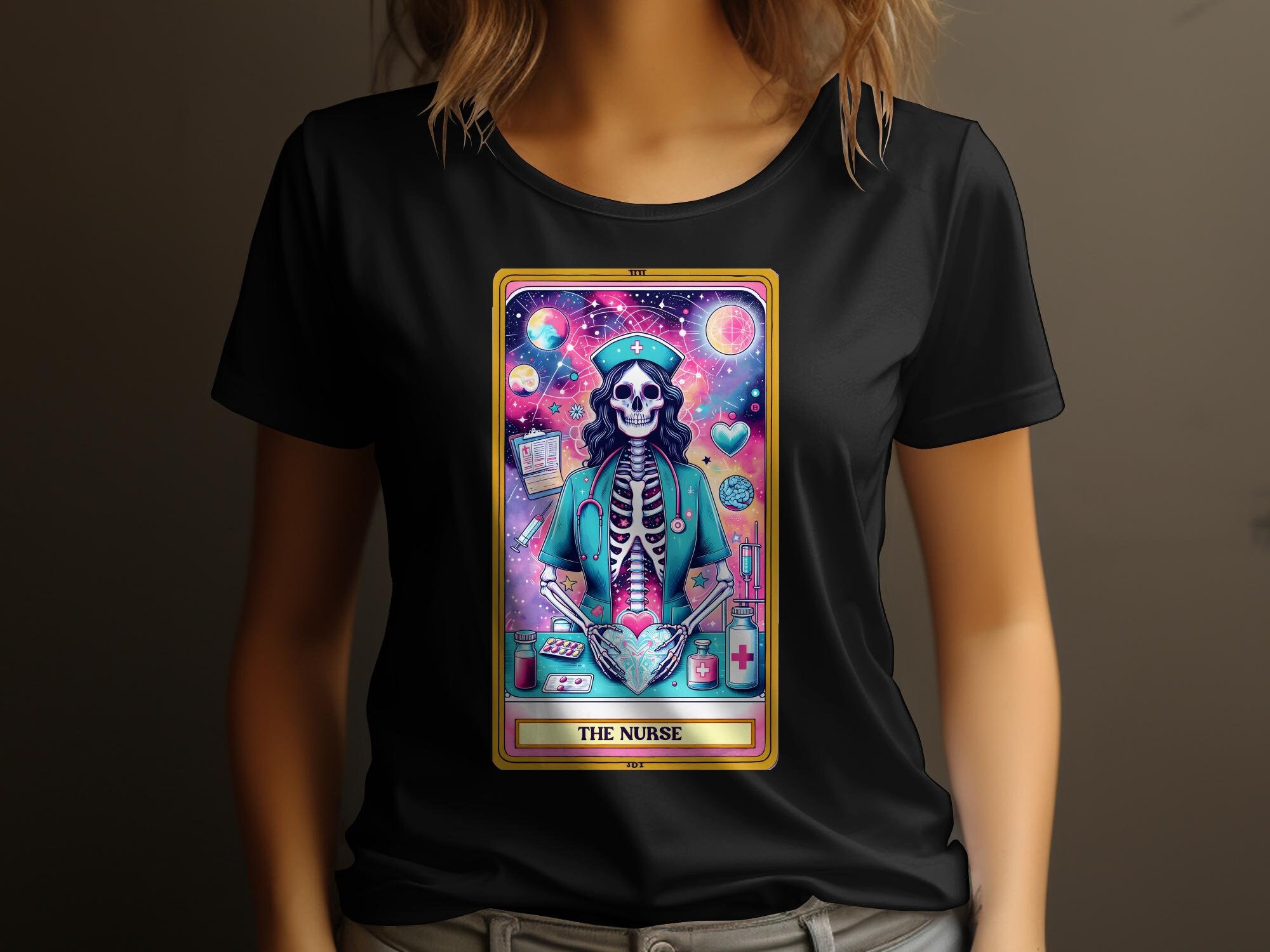 Tarot Card Nurse T-Shirt, Skeleton Medical Professional, Colorful Gothic Nurse Tee, Womens Graphic Shirt