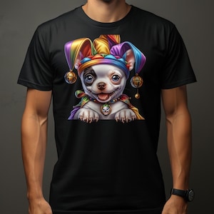 Schattige Chihuahua Dog Pup in Jester Hat T-shirt, kleurrijke hondenafbeelding, leuk huisdier minnaar cadeau, uniek dierlijk T-shirt