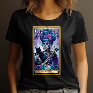Gotische heks Tarot Card Womens T-shirt, skelet heks en zwarte kat, mystieke Tarot Tee, Halloween kleding, uniek cadeau idee