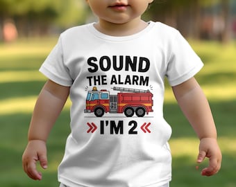 Boys 2nd Birthday T Shirt, Sound The Alarm Firetruck Shirt, White Tee for Second Birthday, Toddler Birthday Outfit, Party Outfit