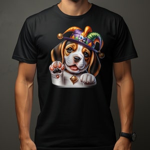 Cute Beagle Dog Pup in Jester Hat T-Shirt, Colorful Cartoon Animal Tee, Unique Puppy Graphic Shirt for Dog Lovers