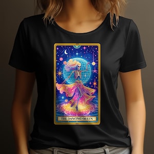 T-shirt con carte dei tarocchi scheletro della regina danzante, abbigliamento estetico gotico, abbigliamento da strega, top tarocchi mistici per donne e uomini