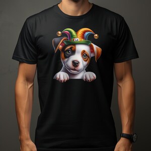 Cute Russell Terrier Dog Puppy in Jester Hat T-Shirt, Colorful Cartoon Canine, Perfect Gift for Pet Lovers, Unisex Tee