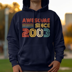 21e verjaardagscadeau vintage 2003 geweldig sinds verjaardag hoodie, retro stijl comfortabel unisex sweatshirt, uniek cadeau voor geboortejaar Navy