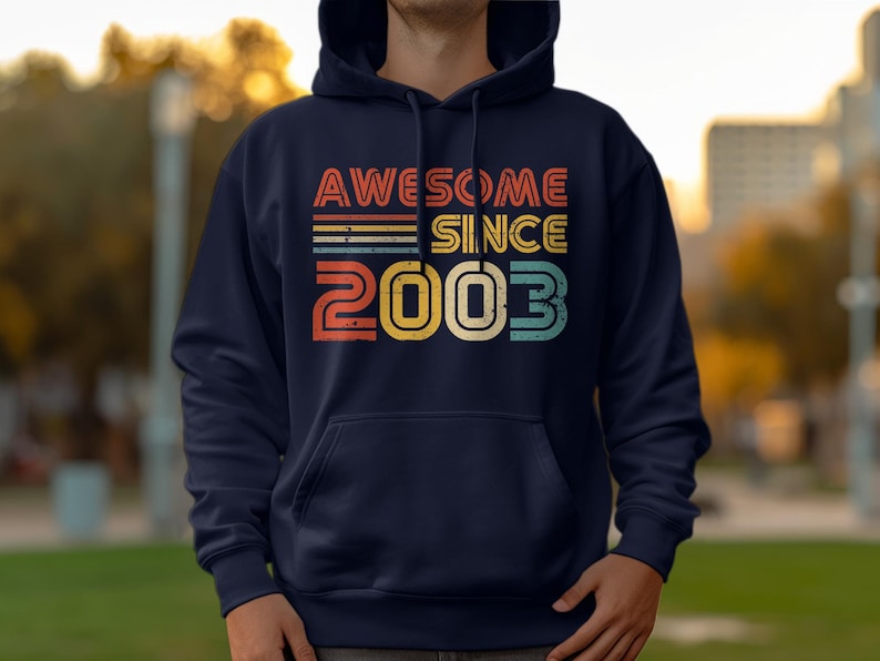 21e verjaardagscadeau vintage 2003 geweldig sinds verjaardag hoodie, retro stijl comfortabel unisex sweatshirt, uniek cadeau voor geboortejaar Navy