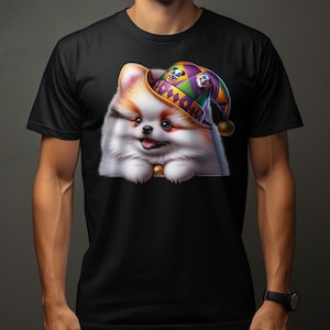 Schattige Pommeren hond puppy in Jester Hat T-shirt, kleurrijke clown cap, schattige Pommeren puppy grafisch T-shirt
