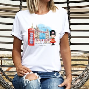 Kings Coronation Party Womens T Shirt Union Jack Tower Bridge London Eye King Charles III Royal Family Crown