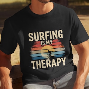 Mens Funny Surfing T-Shirt, Surfing Is My Therapy Shirt, Surfer Graphic Tee, Beach Therapy T-Shirt, Surf Lover Gift, Retro Surf Tee image 1