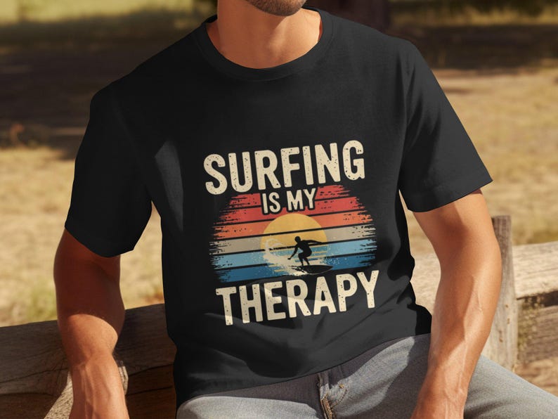 Mens Funny Surfing T-Shirt, Surfing Is My Therapy Shirt, Surfer Graphic Tee, Beach Therapy T-Shirt, Surf Lover Gift, Retro Surf Tee image 1