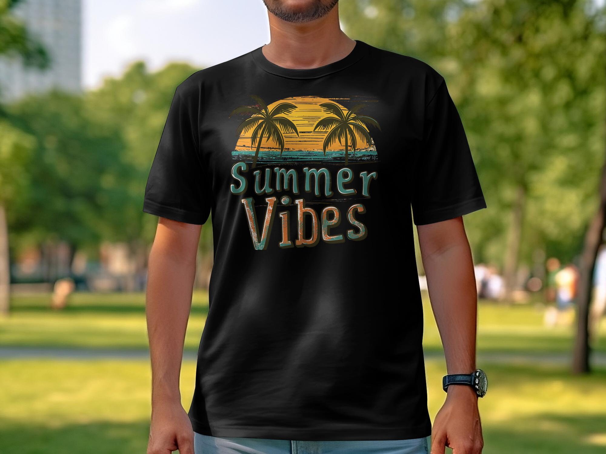 Summer Vibes T-Shirt, Vintage Palm Trees and Sunset Graphic, Beach Casual Wear