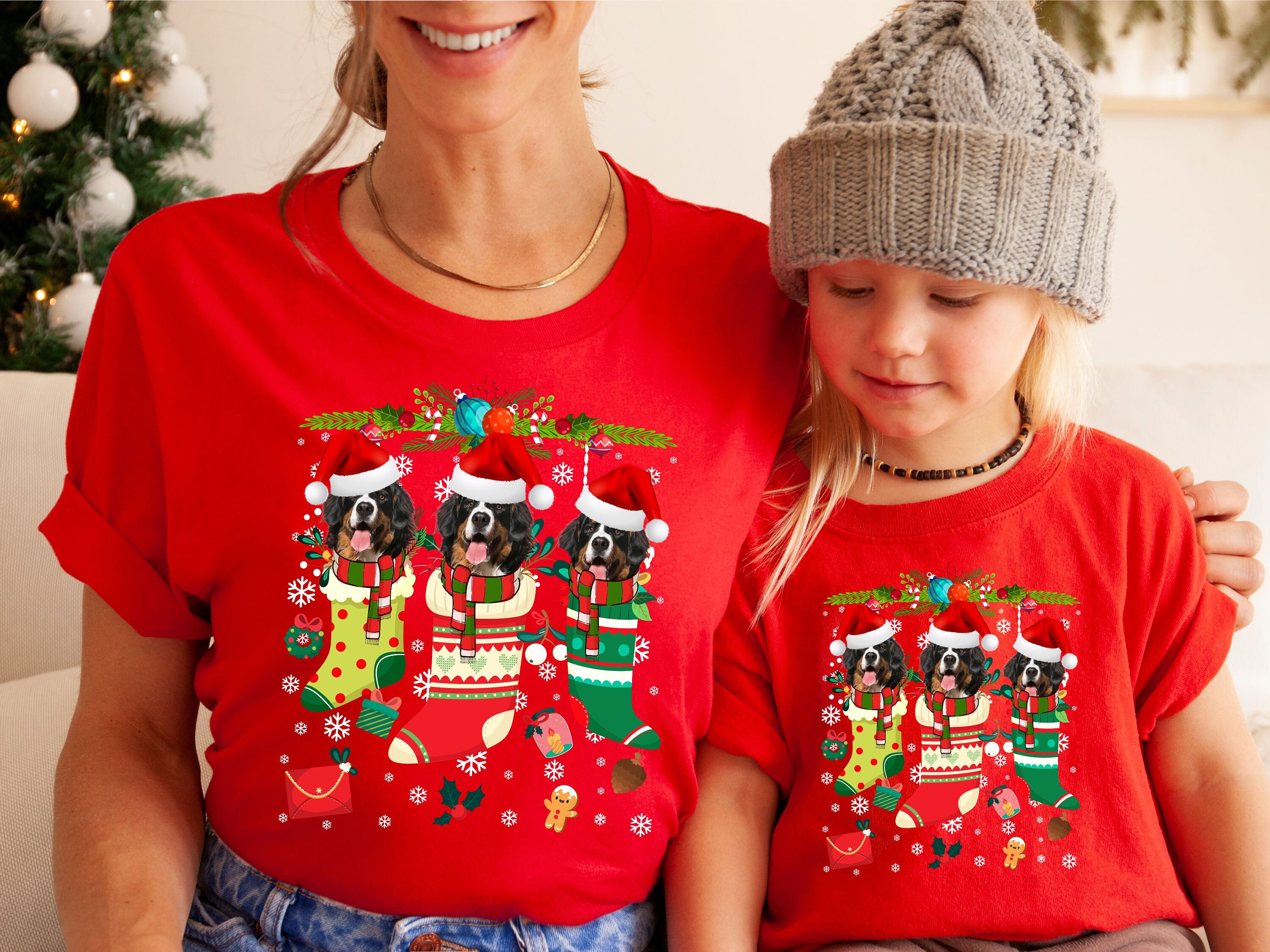 Weihnachts-T-Shirt Berner Sennenhund Weihnachtsstrumpf Weihnachten Baumwolle T-Shirt Weihnachts-T-Shirt Weihnachts-Hemd für Männer Frauen & Kinder