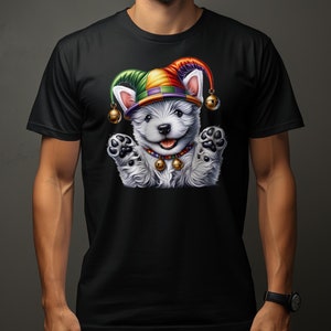 West Highland White Terrier Dog Pup in Jester Hat T-shirt, schattige dieren grafische tee, Unisex Fun Party Shirt, cadeau voor hondenliefhebbers
