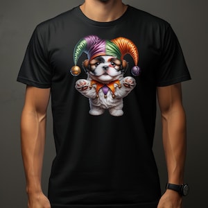 Schattig Shih Tzu Dog Pup Jester Hat grafisch T-shirt, kleurrijk puppy ontwerp T-shirt, uniek dierenliefhebber shirt, leuke huisdierkleding