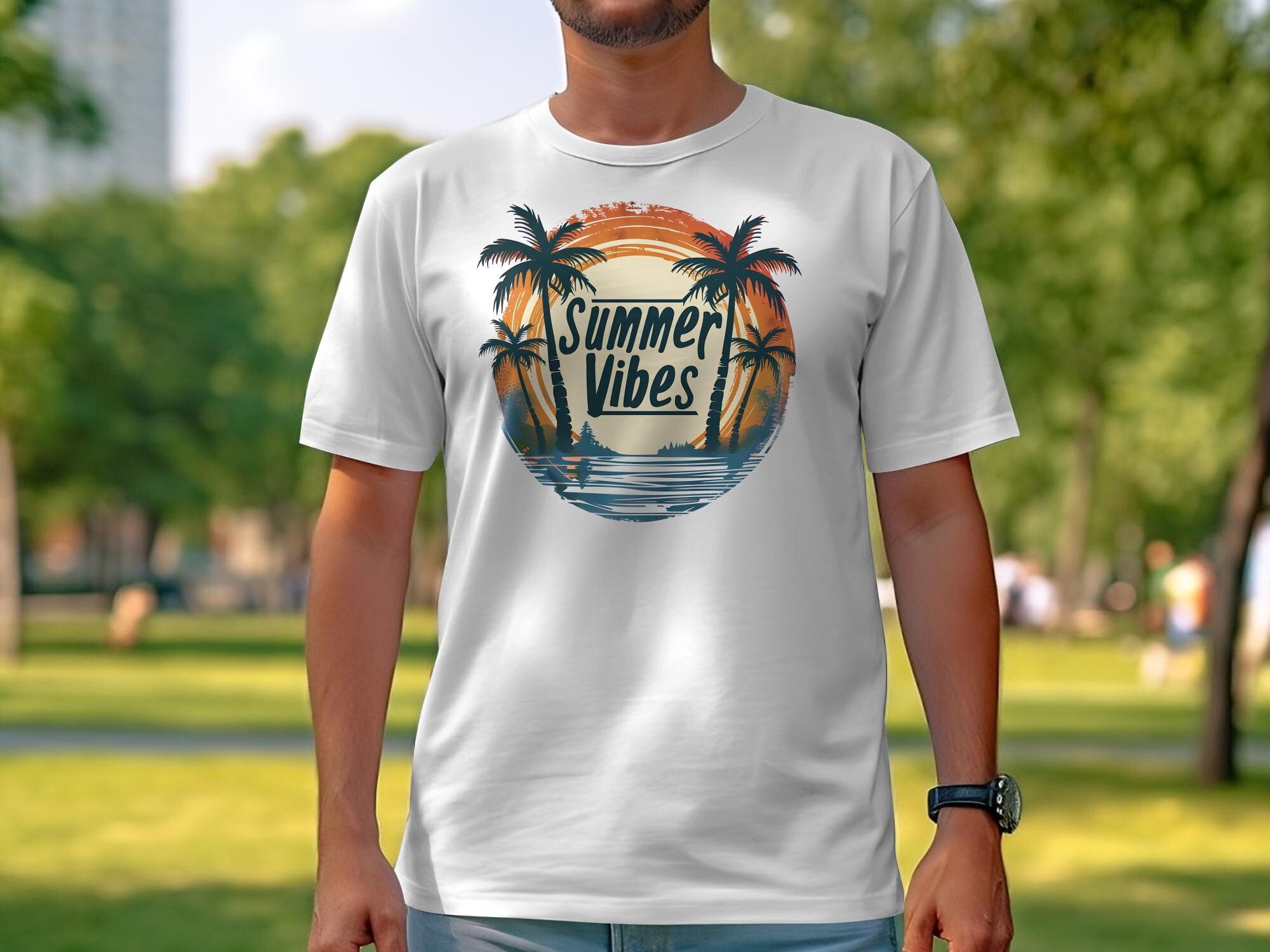 Summer Vibes T-Shirt, Tropical Sunset Palm Trees Graphic Tee, Beach Holiday Casual Wear