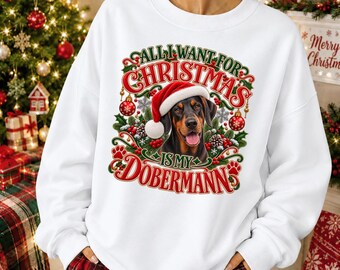 Doberman Christmas Sweatshirt Holiday Dog Mom Xmas Jumper Retro Winter Pet Lover Apparel Cute Graphic Crewneck Puppy Present Festive Top
