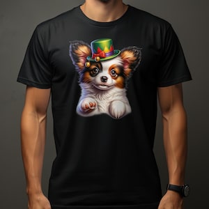 Schattig Papillon Dog Pup Jester Hat T-shirt, kleurrijk puppy grafisch T-shirt, uniek dierenliefhebber cadeau, comfortabele vrijetijdskleding