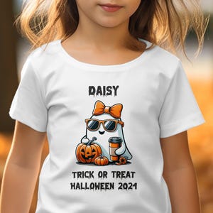 Personalized Girls Halloween T-Shirt, Cute Ghost and Pumpkins, Trick or Treat 2024, Custom Name Tee, Fun Halloween Outfit