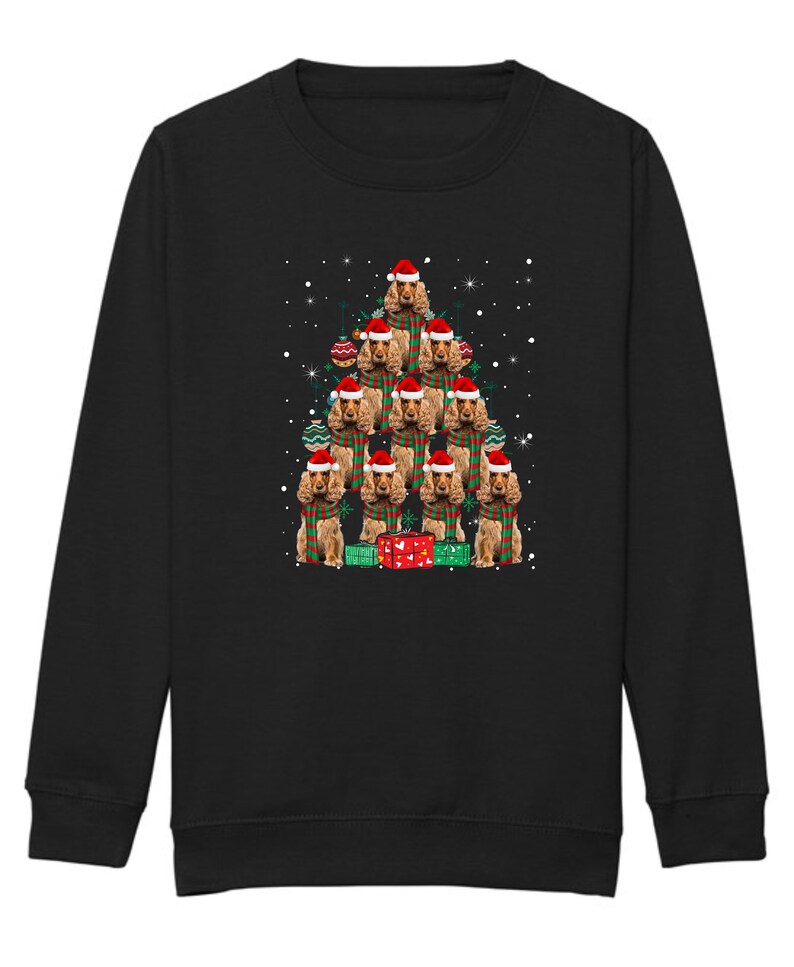 Kids Christmas Jumper Cocker Spaniel Dog Kids Xmas Gift Childrens Xmas Sweater Kids Christmas Sweatshirt Childs Xmas Tree 2 Black