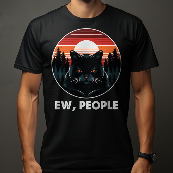 Black Cat Graphic T-Shirt Ew, People Funny Cat Lovers Tee, Sunset Forest Background, Unisex Adult Clothing