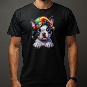 Kleurrijke Jester Hat Boston Terrier Dog Pup T-shirt, schattige Franse Bulldog Puppy Tee, unieke dierenliefhebber cadeau, leuk grafisch shirt