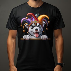 Eigenzinnige Siberische Husky Hond Pup in Jester Hat T-shirt, Kleurrijk Leuk Puppy Grafisch T-shirt, Unisex Volwassene en Kindermaten beschikbaar