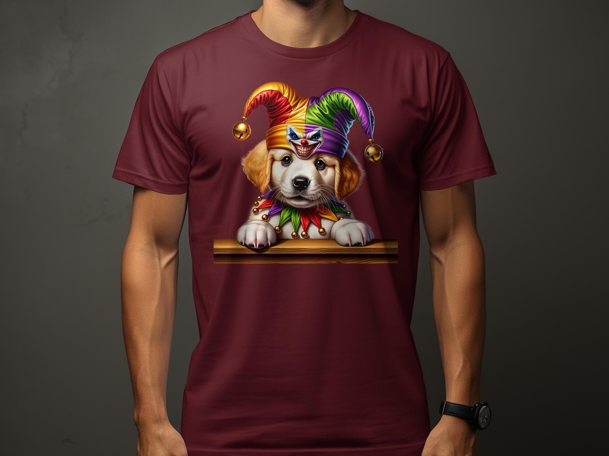 Cute Golden Retriever Puppy in Jester Hat T-shirt, Colorful Dog Lover ...