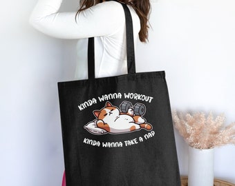 Torba typu tote z leniwym wzorem dla leniwych, zabawna torba z motywem kota do ćwiczeń, trochę jak chęć do ćwiczeń, trochę jak chęć zdrzemnięcia się, słodka torba na prezent dla kota