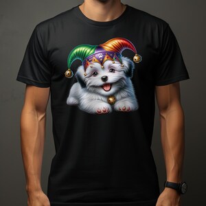 Schattige Havanezer hond pup in Jester Hat T-shirt, kleurrijke huisdier minnaar Tee, cadeau voor hondenbezitters, speels puppy grafisch shirt