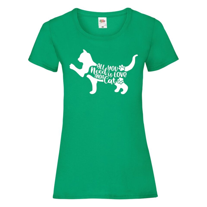 May include: Green t-shirt with a white silhouette of a cat and the text "All you need is love and a cat".