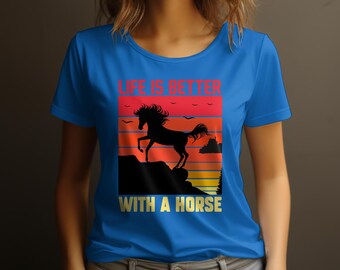 T-shirt ‘La Vie Est Meilleure Avec Un Cheval’ – Coton, Unisexe, Graphique Mignon – Neuf Avec étiquettes, Fait Main
