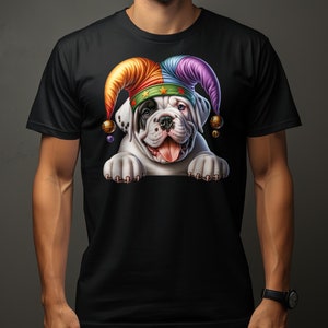 Schattige Bullmastiff Dog Pup in Jester Hat T-shirt, kleurrijke Jester Cap Puppy Tee, grappige hondenliefhebber cadeau, Unisex