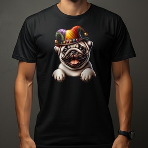 Cute Pug Dog Pup in Jester Hat T-Shirt, Fun Cartoon Animal Graphic Tee, Unique Pet Lover Gift, Unisex