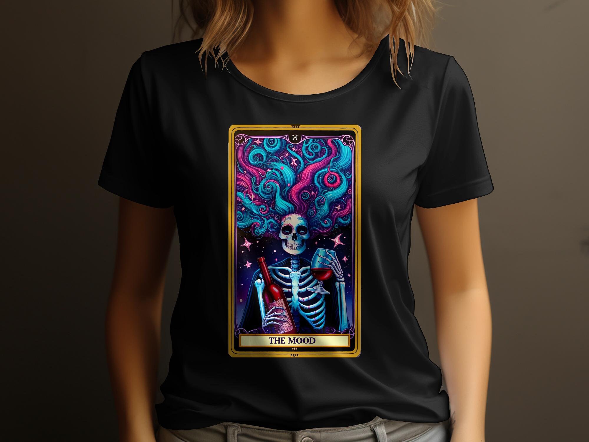 Tarot Card Skeleton Holding Wine Glass Graphic T-Shirt, Unique Fantasy Art Tee, Vibrant Colors Womens Shirt