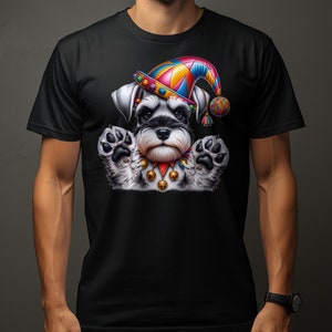Schattig miniatuur Schnazuer hond puppy Jester Hat grafisch T-shirt, kleurrijk huisdier minnaar Tee, leuk dierenkostuumontwerp, unisex shirt voor alle leeftijden