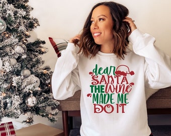 Sweat-shirt De Noël Pour Femme - Motifs Festifs (Père Noël, Verre à Vin), Col En V, Bordure En Fausse Fourrure - Pull Chaud Et Amusant Pour Les Fêtes