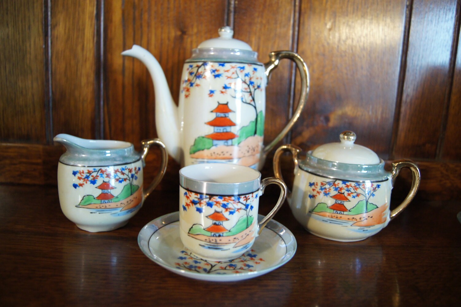 Vintage Handpainted Japanese Tea Set With Six Cups and Saucers, Teapot