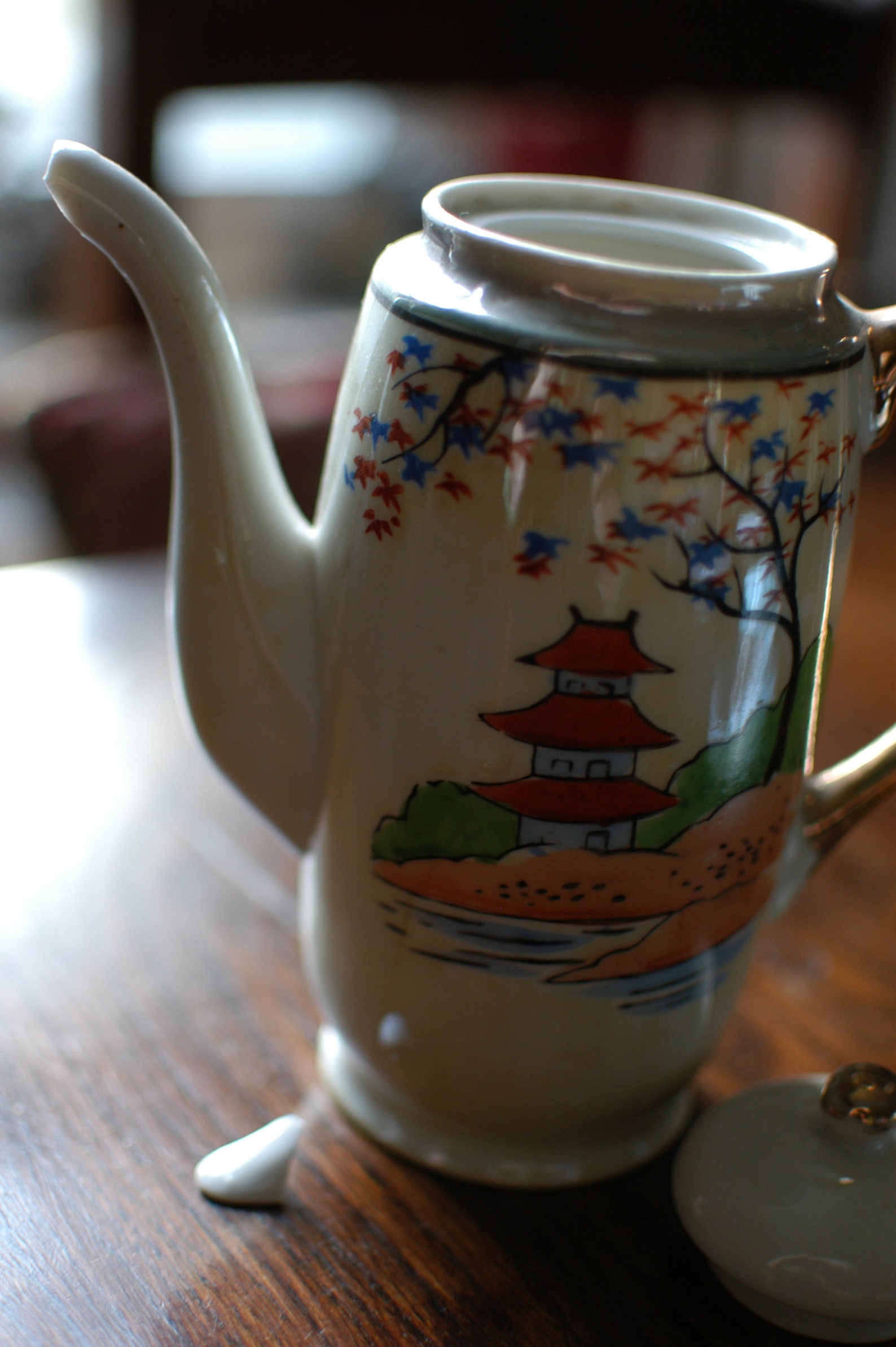 Vintage Handpainted Japanese Tea Set With Six Cups and Saucers, Teapot