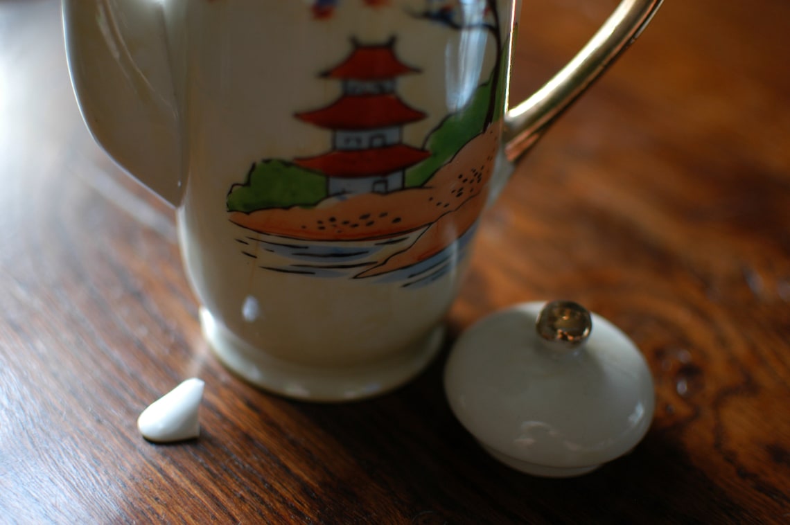Vintage Handpainted Japanese Tea Set With Six Cups and Saucers, Teapot