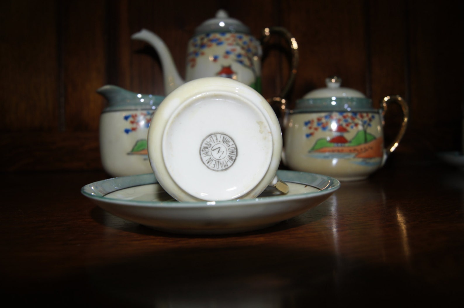 Vintage Handpainted Japanese Tea Set With Six Cups and Saucers, Teapot