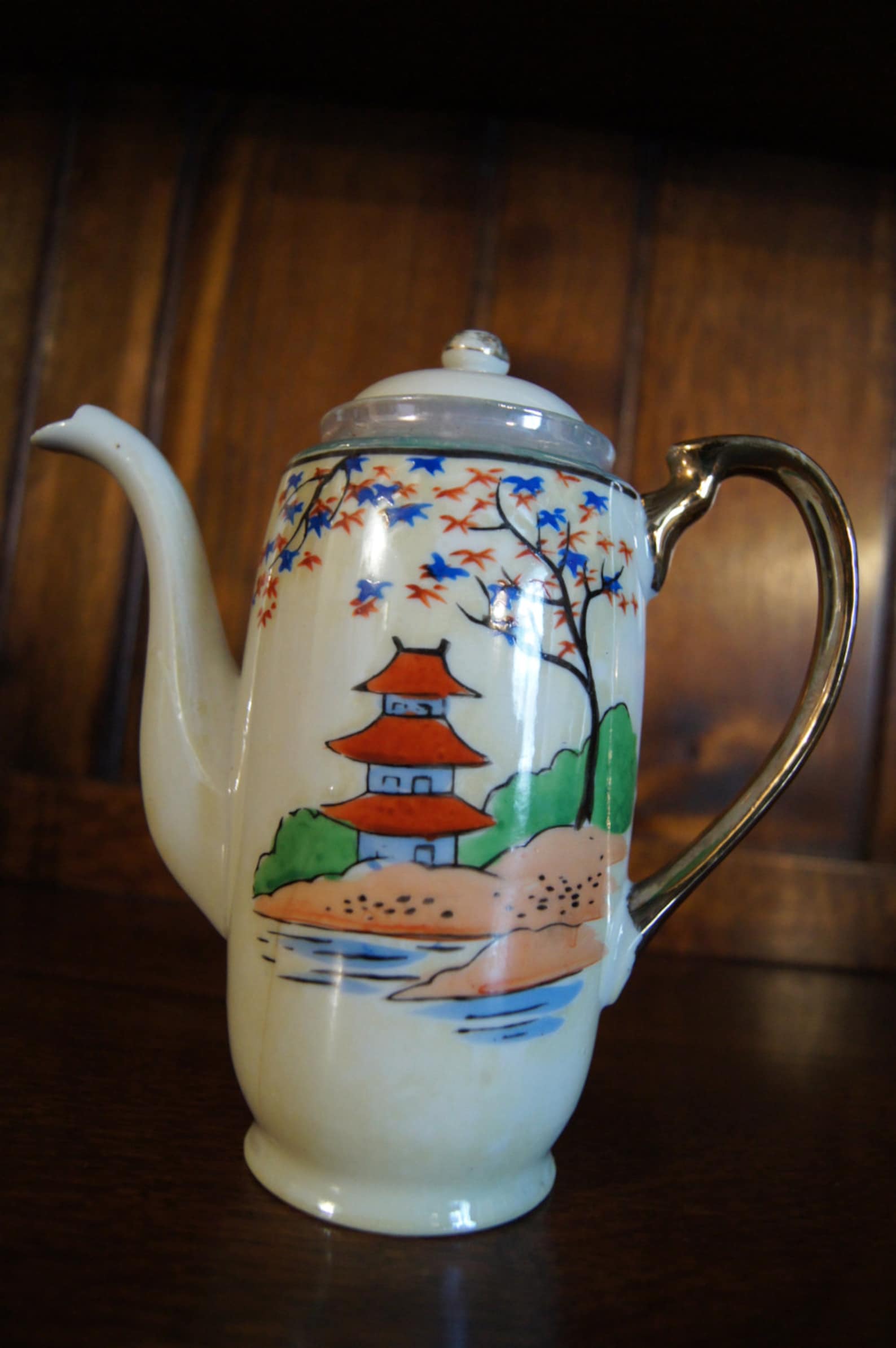 Vintage Handpainted Japanese Tea Set With Six Cups and Saucers, Teapot, Jug and Sugar Bowl