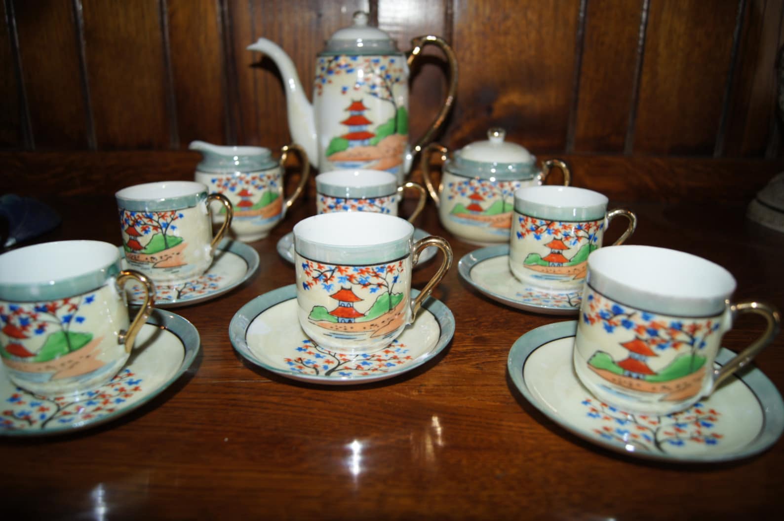 Vintage Handpainted Japanese Tea Set With Six Cups and Saucers, Teapot